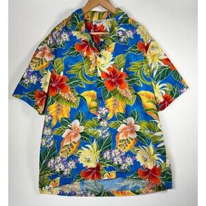 Pacific Legend Hawaiian Shirt Mens XL Blue Floral Hibiscus Aloha Cotton USA Made
